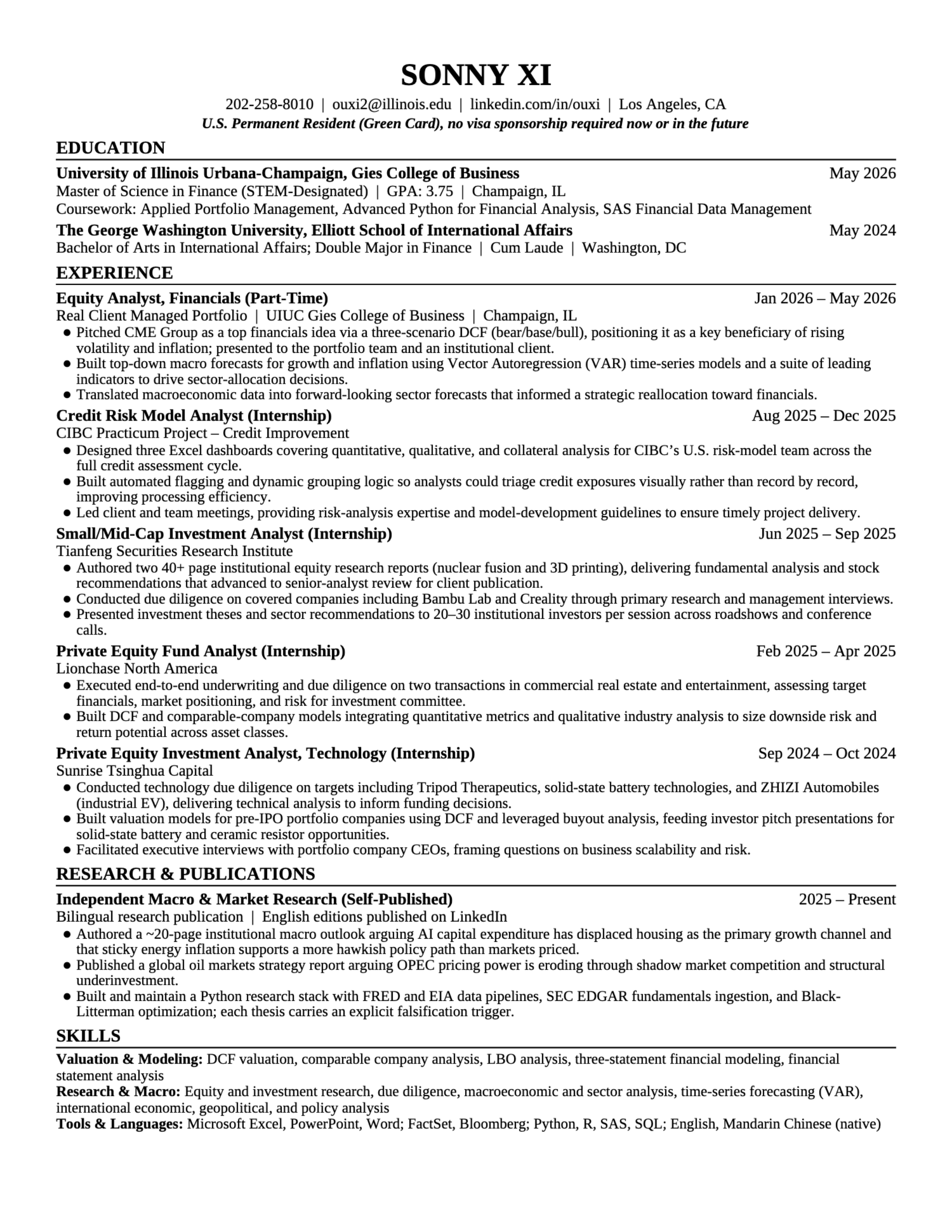 Sonny Xi résumé, one page